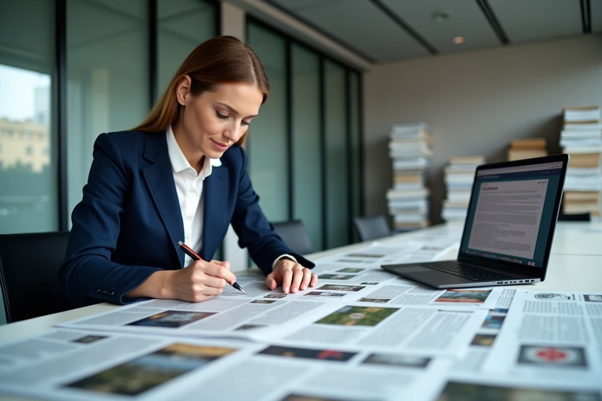 Femme professionnelle organisant des unes de journaux imprimées et PDF sur une table de bureau dans un espace de travail éditorial