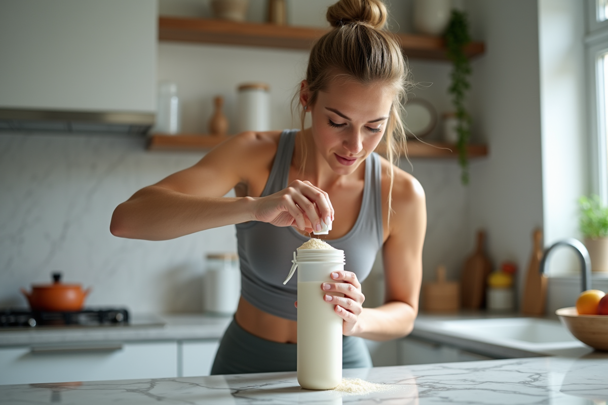 Femme sportive versant BCAA dans un shaker