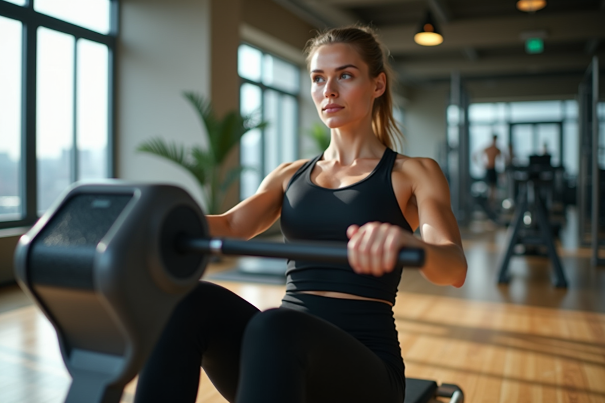 Femme forte utilisant une machine de musculation en studio lumineux