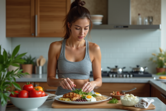Femme en tenue sportive préparant un repas équilibré dans la cuisine