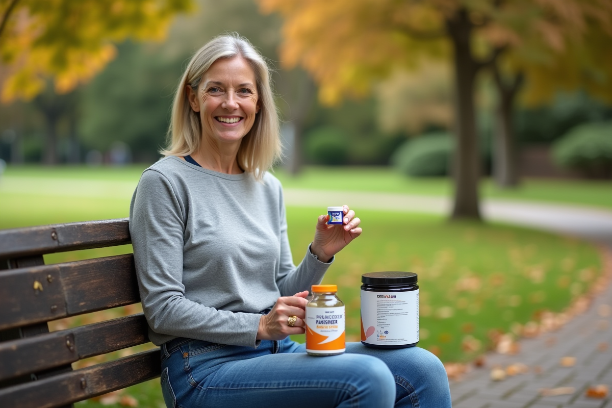 Femme souriante dans un parc avec compléments alimentaires