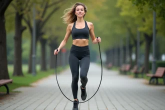 Femme en pleine séance de saut à la corde dans un parc urbain