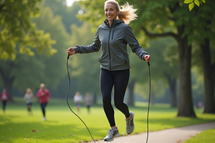 Femme en tenue de sport sautant à la corde dans un parc verdoyant