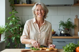 Femme active en cuisine préparant une salade fraîche