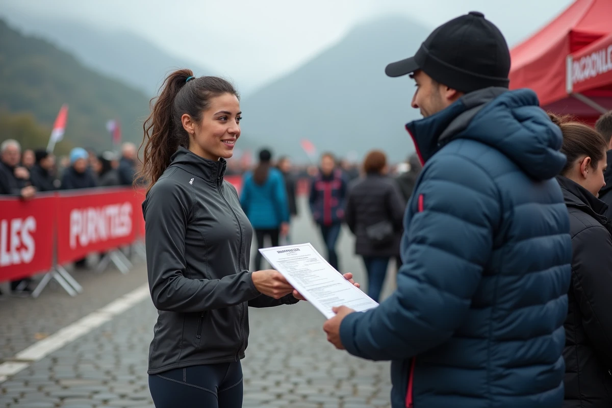 Jeune femme remettant un certificat médical à un officiel