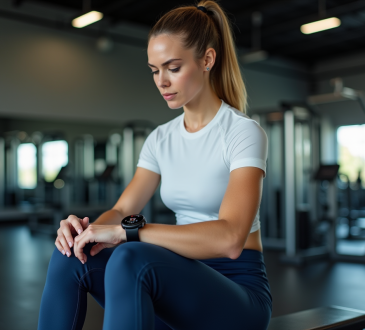 Femme sportive en salle regardant sa smartwatch