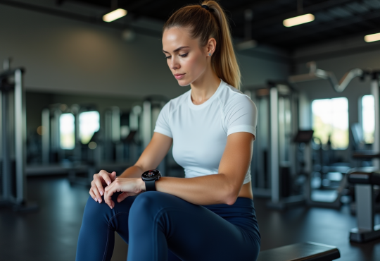 Femme sportive en salle regardant sa smartwatch