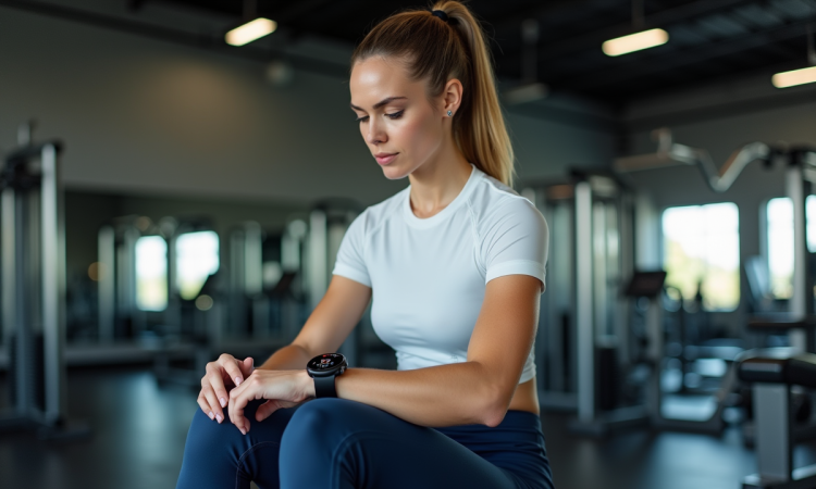 Femme sportive en salle regardant sa smartwatch