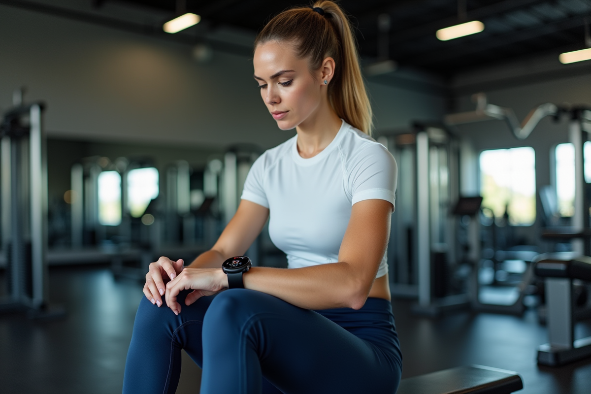 Femme sportive en salle regardant sa smartwatch