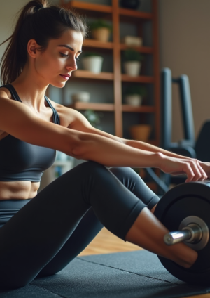 Femme sportive ajustant un haltère dans un gym maison