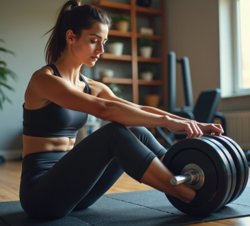 Femme sportive ajustant un haltère dans un gym maison
