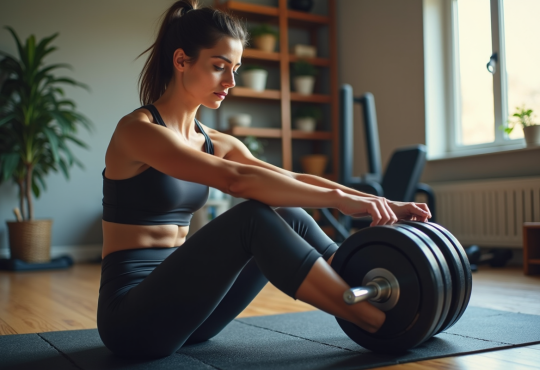 Femme sportive ajustant un haltère dans un gym maison