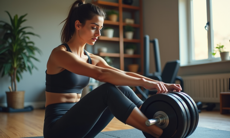 Femme sportive ajustant un haltère dans un gym maison