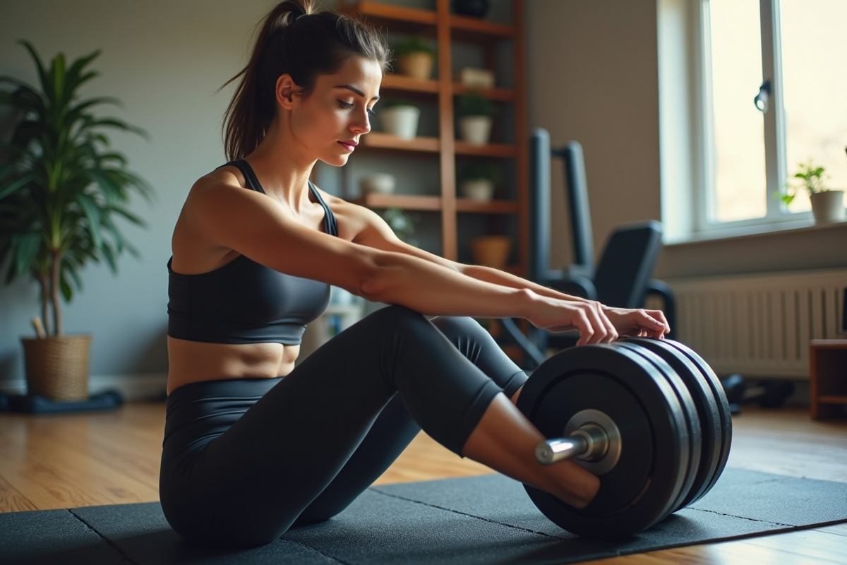 Femme sportive ajustant un haltère dans un gym maison