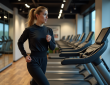 Femme en sweat noir courant sur tapis de gym moderne