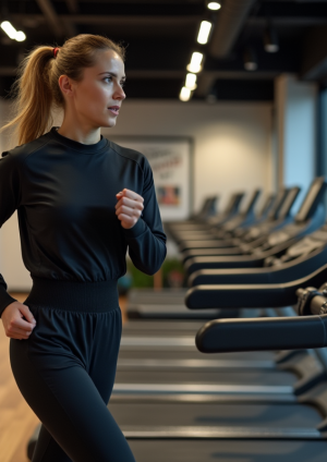 Femme en sweat noir courant sur tapis de gym moderne