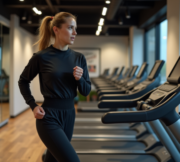 Femme en sweat noir courant sur tapis de gym moderne