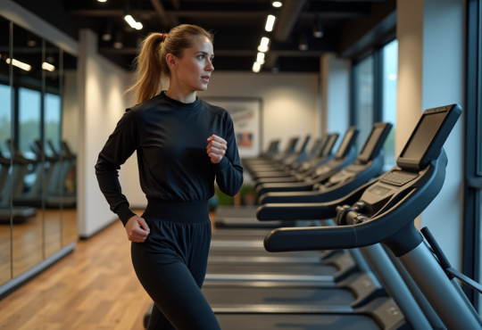Femme en sweat noir courant sur tapis de gym moderne