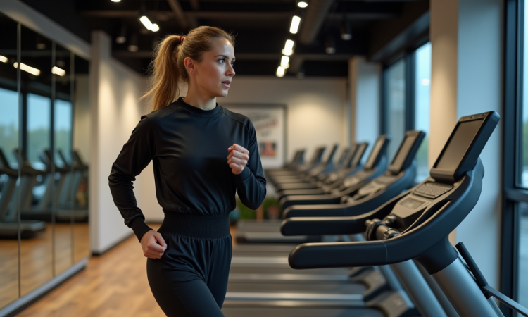 Femme en sweat noir courant sur tapis de gym moderne