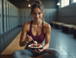 Femme sportive mangeant un bol d'avoine en salle de sport