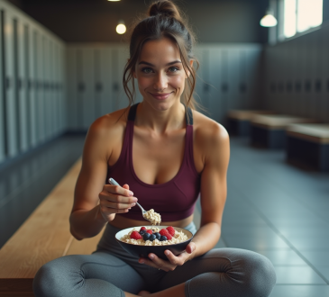 Femme sportive mangeant un bol d'avoine en salle de sport