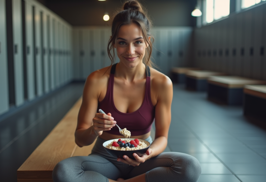 Femme sportive mangeant un bol d'avoine en salle de sport