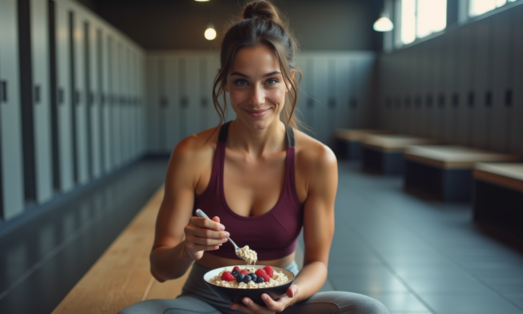 Femme sportive mangeant un bol d'avoine en salle de sport