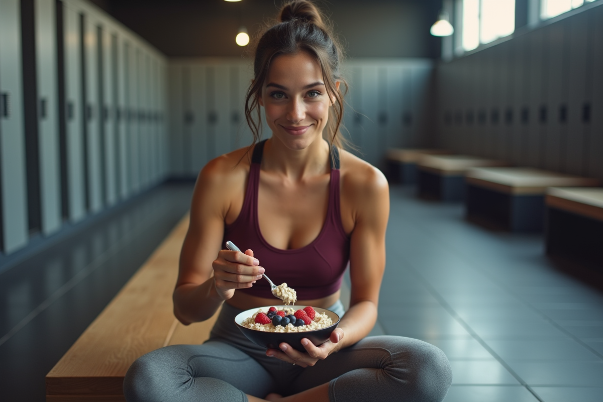 Femme sportive mangeant un bol d'avoine en salle de sport