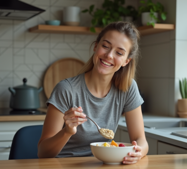 Femme sportive mangeant un bol de fruits au petit déjeuner