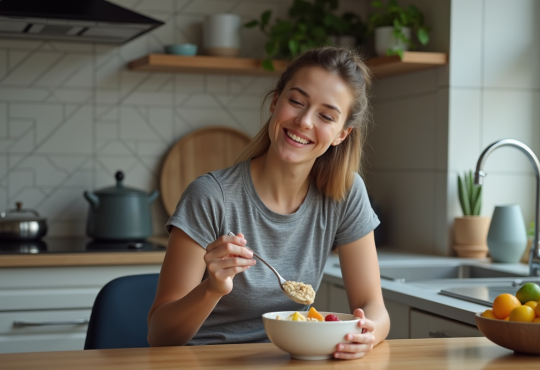 Femme sportive mangeant un bol de fruits au petit déjeuner