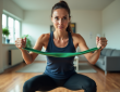 Femme sportive faisant des squats avec bande élastique dans un appartement