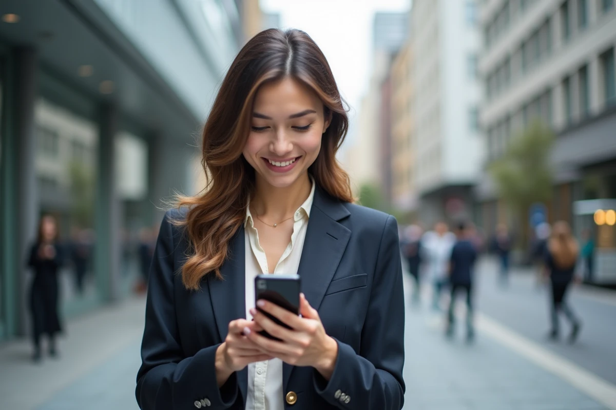 Femme en ville souriant en utilisant son smartphone