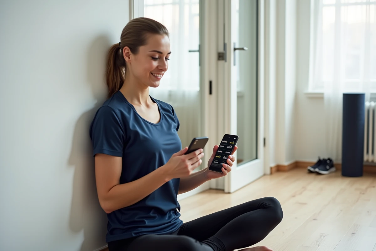 Femme consultant une application de suivi sportif pour convertir ses pas en kilomètres dans un appartement moderne