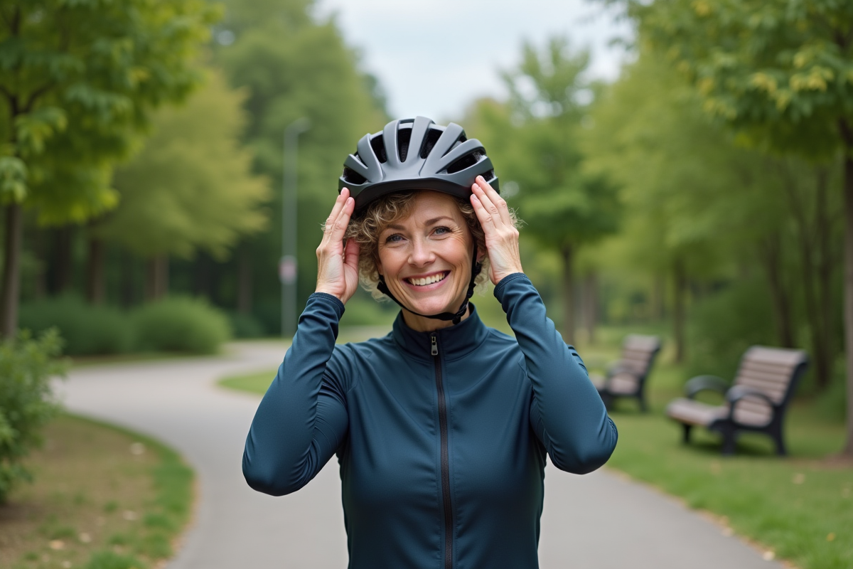 Femme ajustant son casque de vélo dans un parc verdoyant