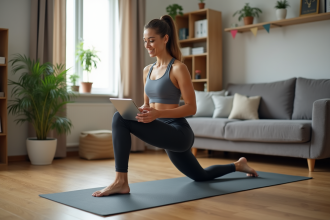Femme en yoga à la maison avec tablette et tapis