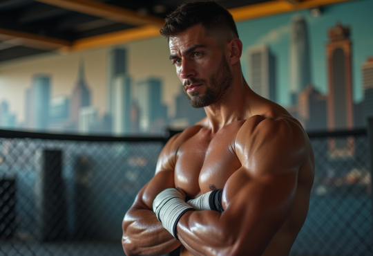 Fighter de MMA dans une salle ensoleillee avec mur mural Mille