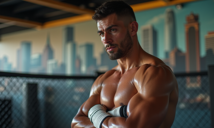 Fighter de MMA dans une salle ensoleillee avec mur mural Mille