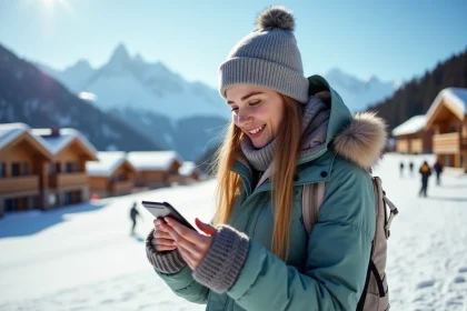 Jeune femme examine un plan de ski devant Les Deux Alpes