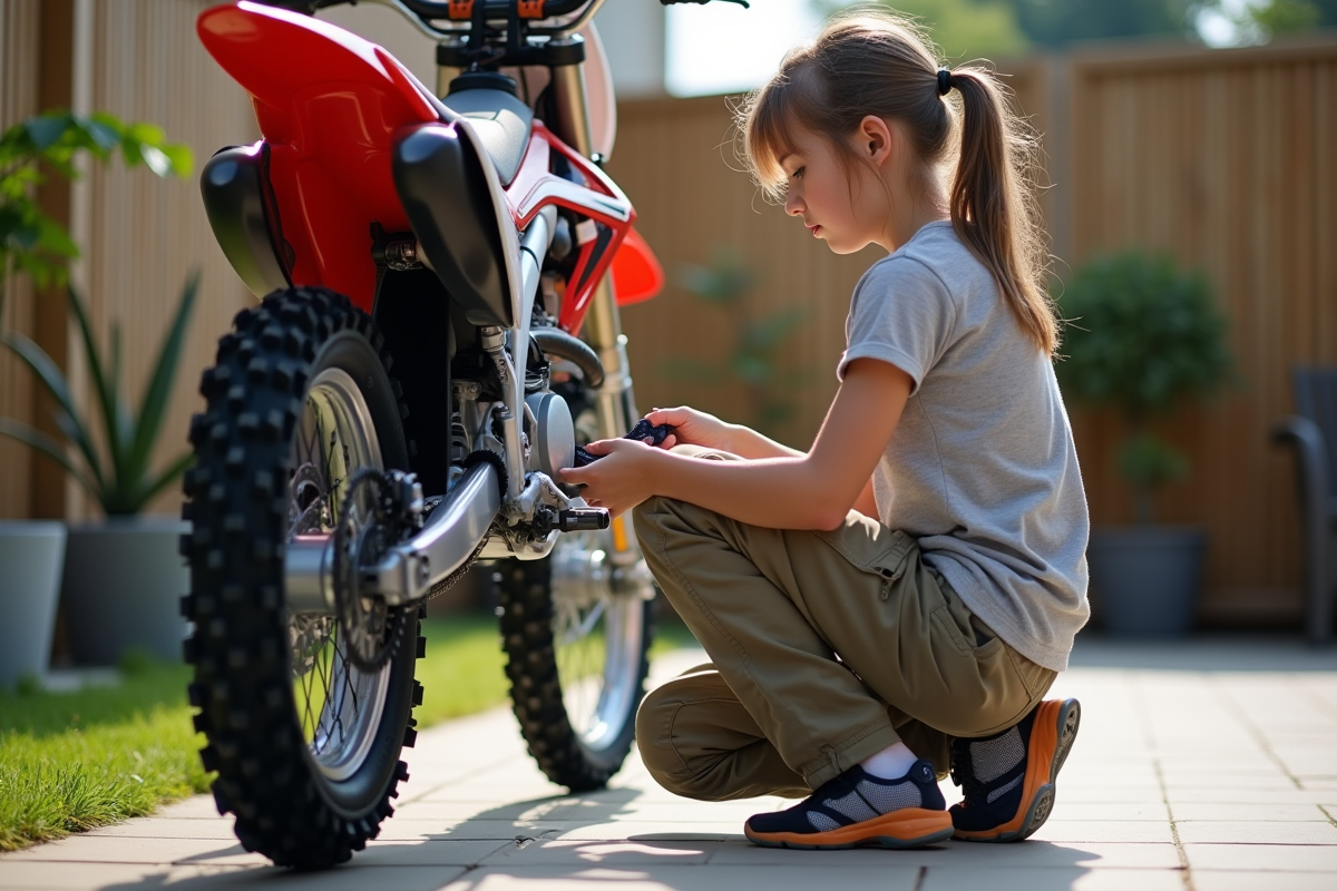 Fille inspectant le pneu d