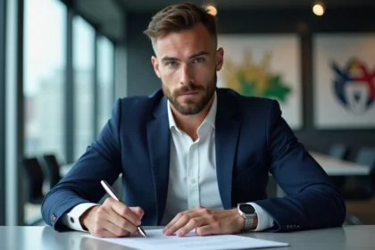 Jeune footballeur en costume dans un bureau professionnel