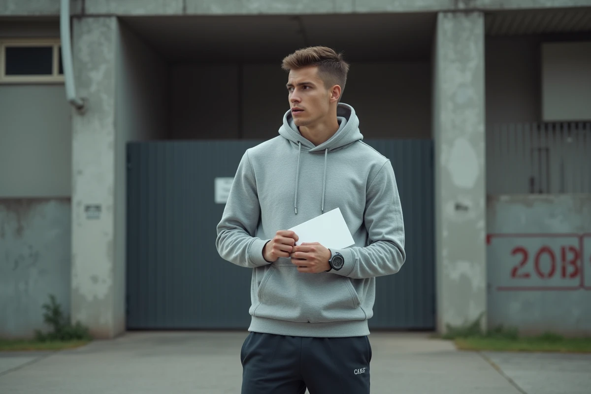 Jeune joueur de football National 2 debout devant un stade régional tenant une enveloppe de contrat, expression pensive et hésitante