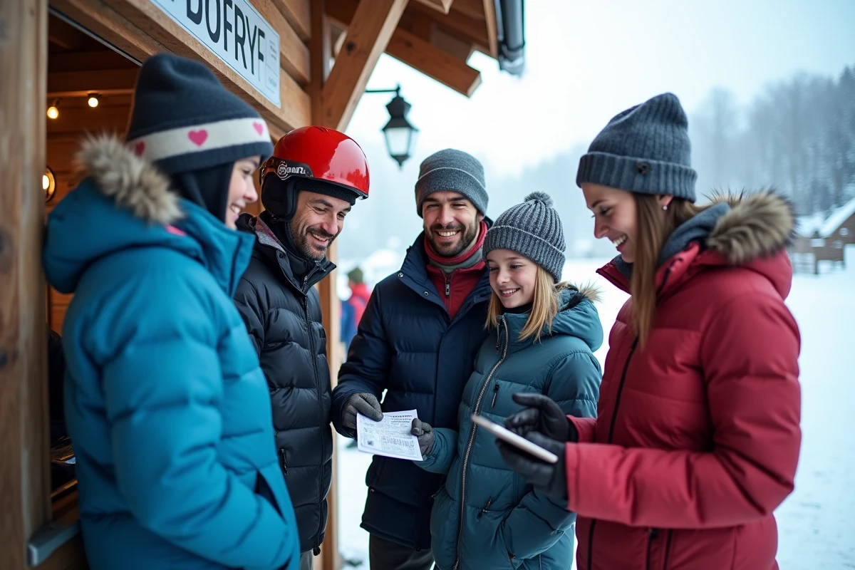 Famille récupérant des forfaits de ski au guichet d'une station alpine, avec les pistes enneigées des Sept Laux en arrière-plan