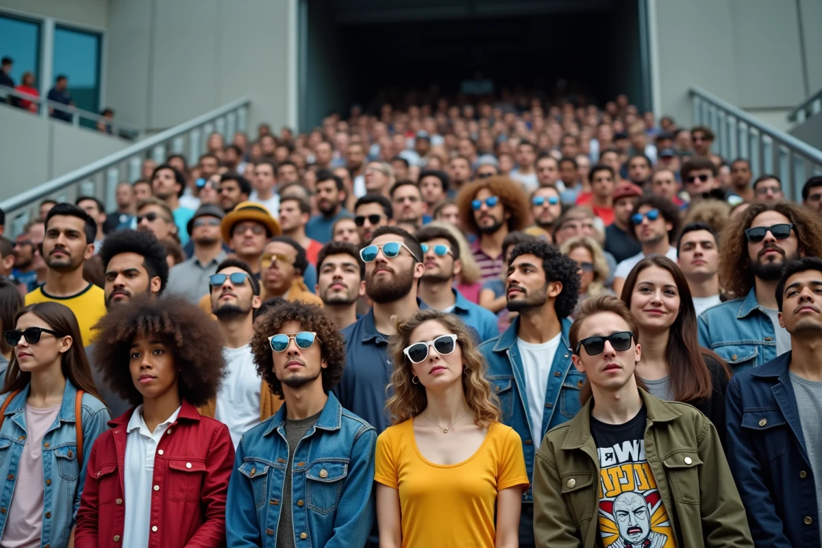 Foule diversifiee devant l entrance d un stade