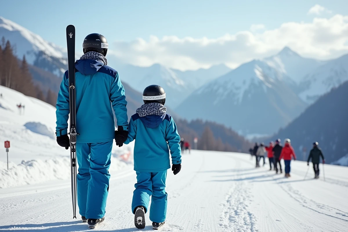 Jeune garçon et père en ski à Les Menuires