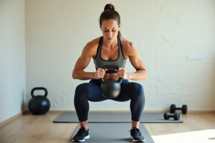 Femme athlétique réalisant un goblet squat avec kettlebell dans une salle de sport à domicile, vue de face en position basse