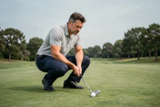 Golfeur accroupi analysant un coup de wedge sur le fairway d'un parcours de golf bien entretenu