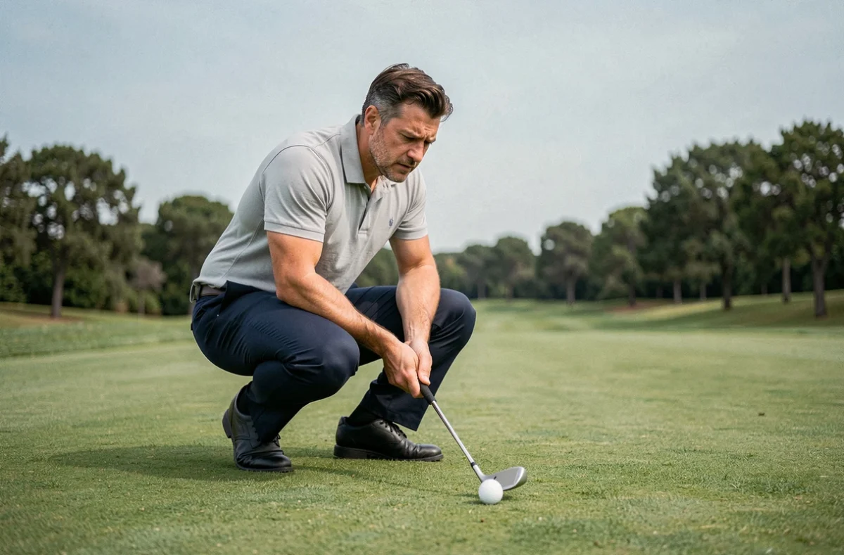 Golfeur accroupi analysant un coup de wedge sur le fairway d'un parcours de golf bien entretenu