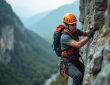 Jeune grimpeur en falaise rocheuse en pleine concentration