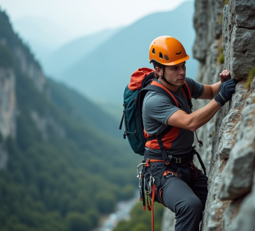 Jeune grimpeur en falaise rocheuse en pleine concentration