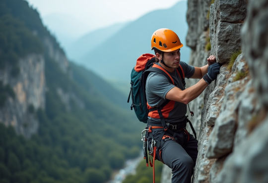 Jeune grimpeur en falaise rocheuse en pleine concentration